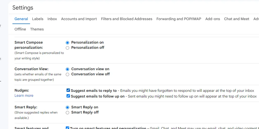Giao diện cài đặt gợi ý thông minh (nudges) của Gmail dễ tiếp cận