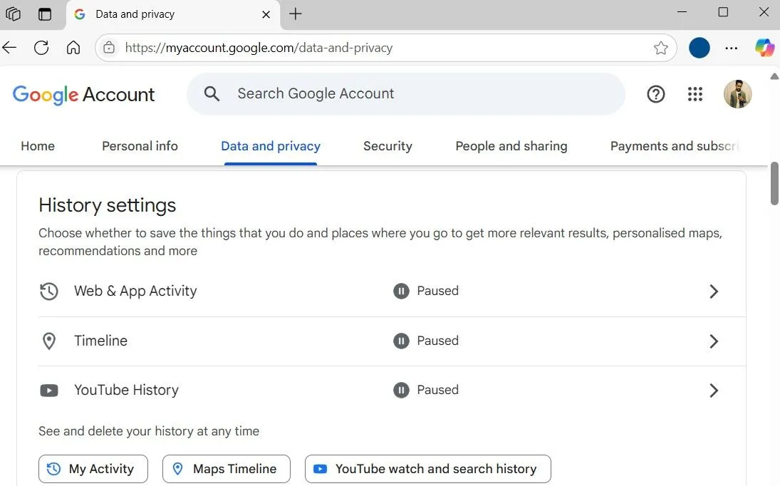 Giao diện cài đặt lịch sử tài khoản Google trong trình duyệt giúp kiểm soát dữ liệu hoạt động