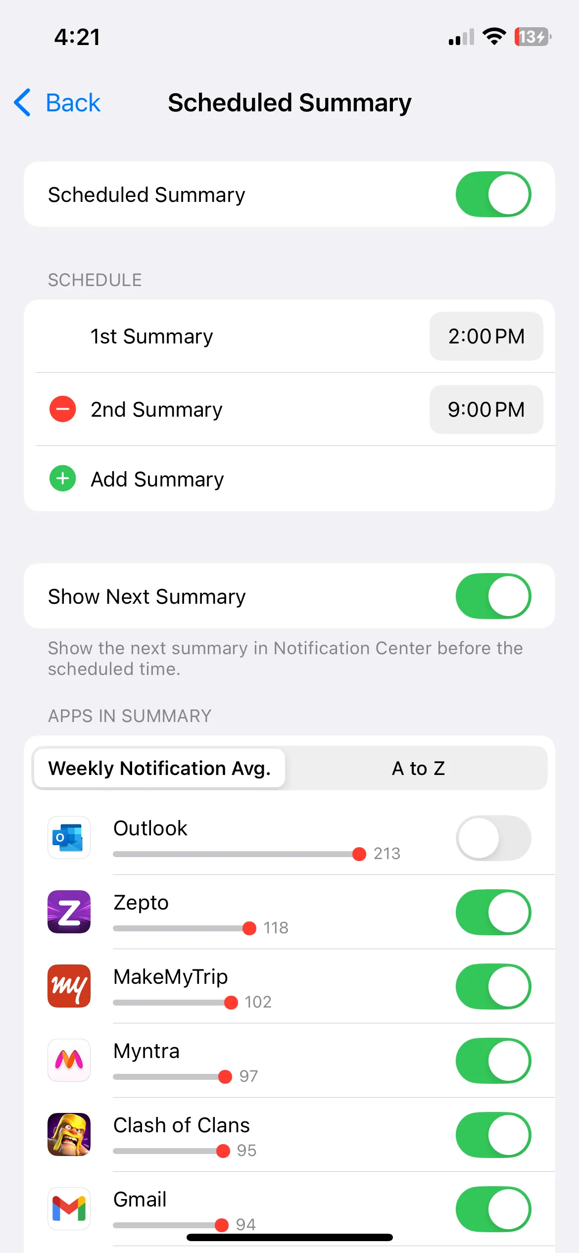 Giao diện cài đặt Lịch trình Tóm tắt thông báo (Scheduled Summary) trên iPhone, giúp người dùng quản lý thông báo hiệu quả và giảm phiền nhiễu.