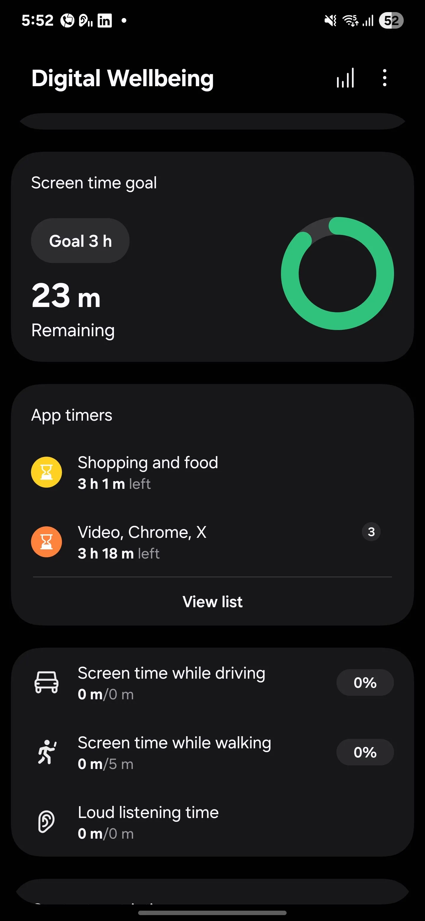 Giao diện cài đặt mục tiêu thời gian sử dụng màn hình hàng ngày trong Digital Wellbeing của Samsung, hiển thị vòng tròn tiến độ.