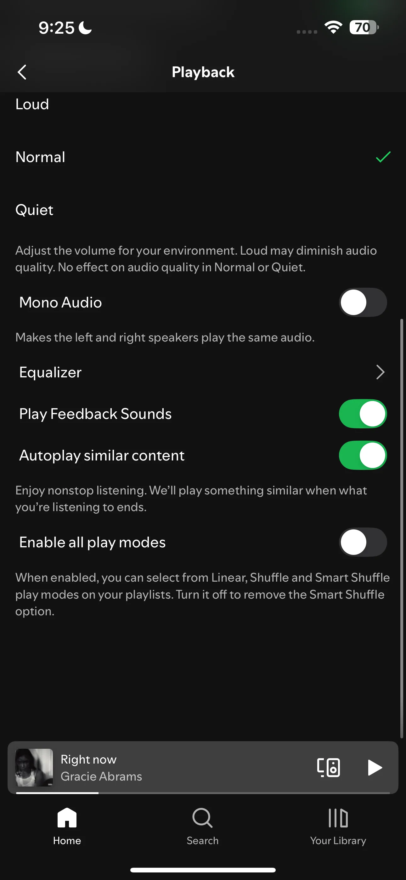Giao diện cài đặt Phát lại trên ứng dụng Spotify, hiển thị tùy chọn Bật tất cả chế độ phát