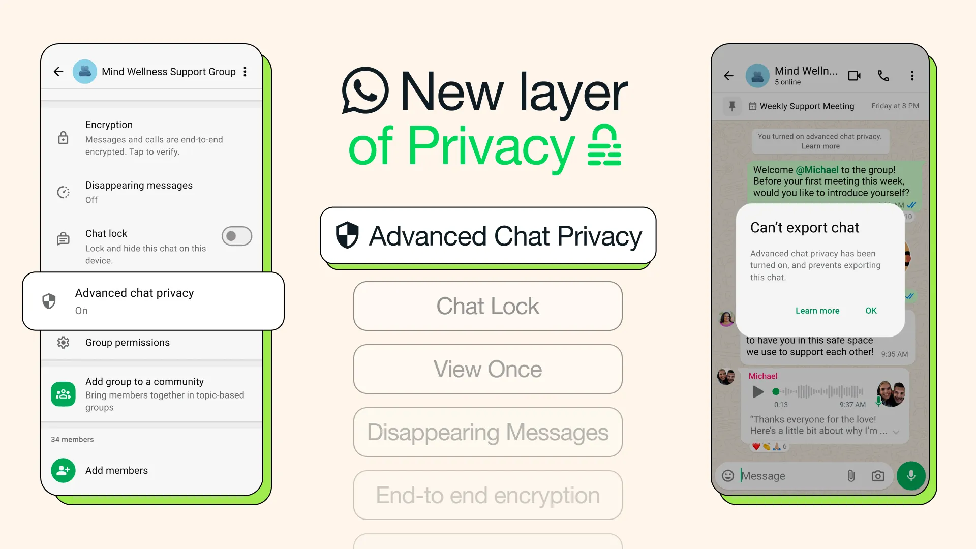 Giao diện cài đặt tính năng Advanced Chat Privacy mới trên WhatsApp giúp bảo mật cuộc trò chuyện.