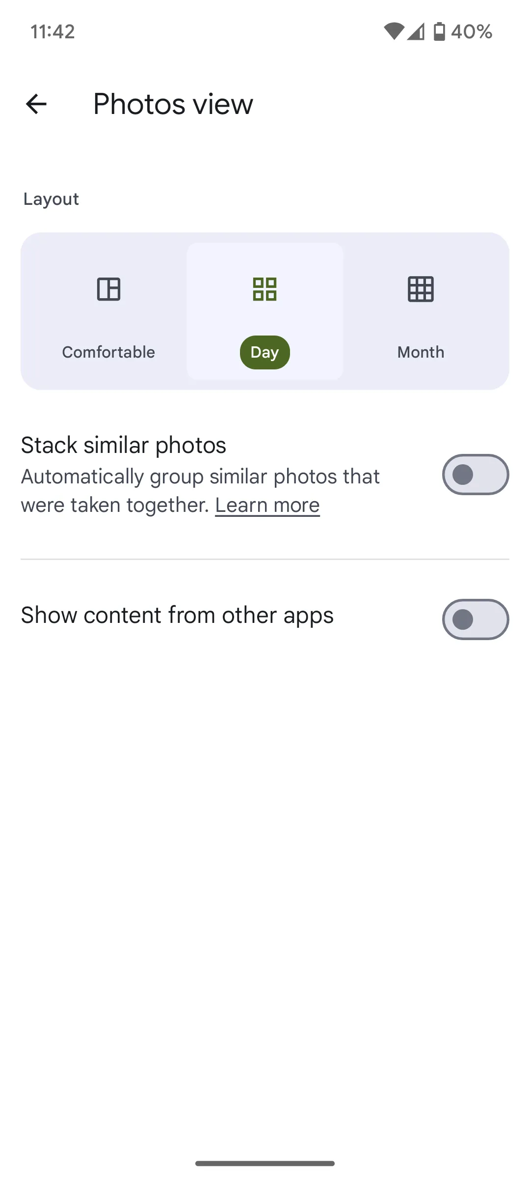 Giao diện cài đặt tùy chọn ẩn ảnh rác và nội dung từ các ứng dụng khác trong Google Photos