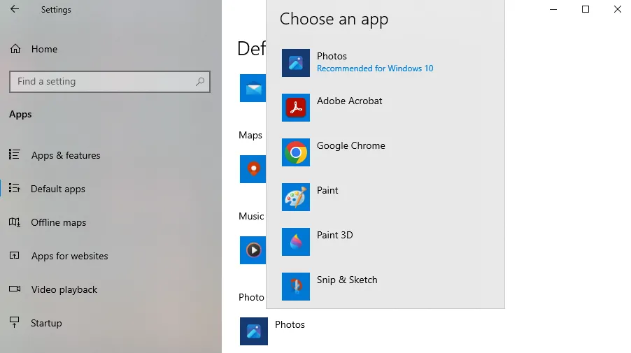 Giao diện cài đặt ứng dụng mặc định trong Windows 10, hiển thị các tùy chọn cấu hình cơ bản.
