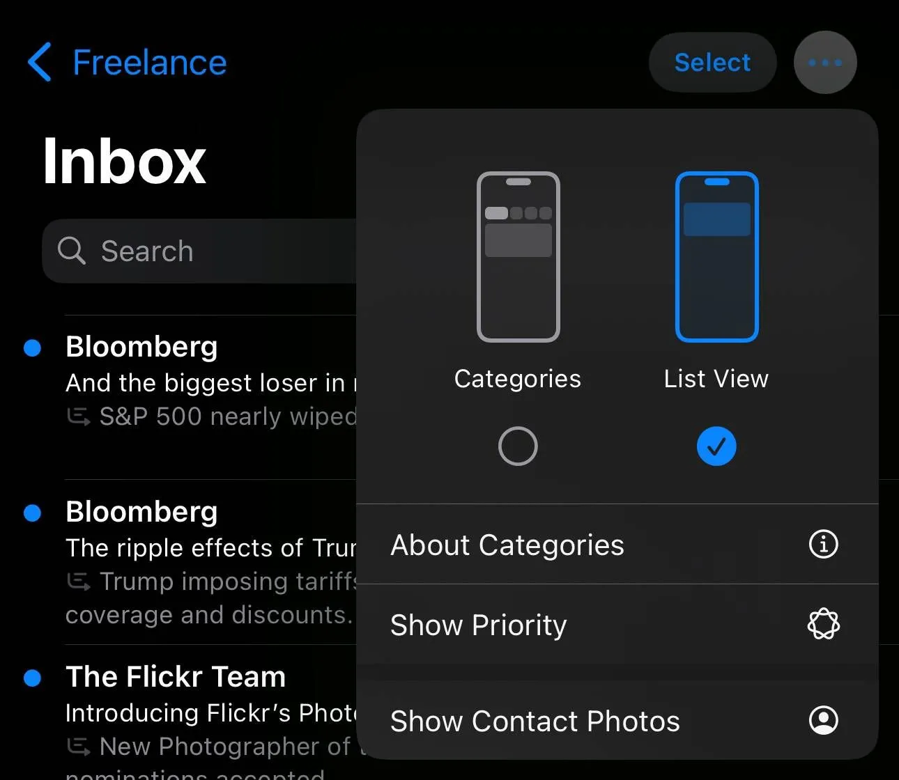 Giao diện cài đặt ứng dụng Mail trên iOS 18.5 beta 1, cho phép người dùng bật/tắt hiển thị ảnh danh bạ và các tính năng ưu tiên.