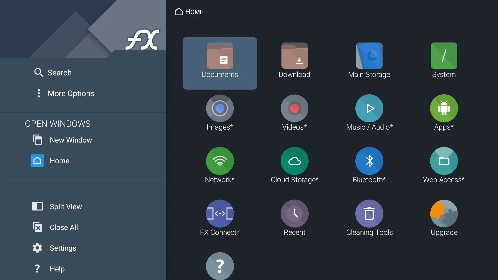 Giao diện chính của FX File Manager trên Google TV, hiển thị các thư mục và tùy chọn quản lý tệp
