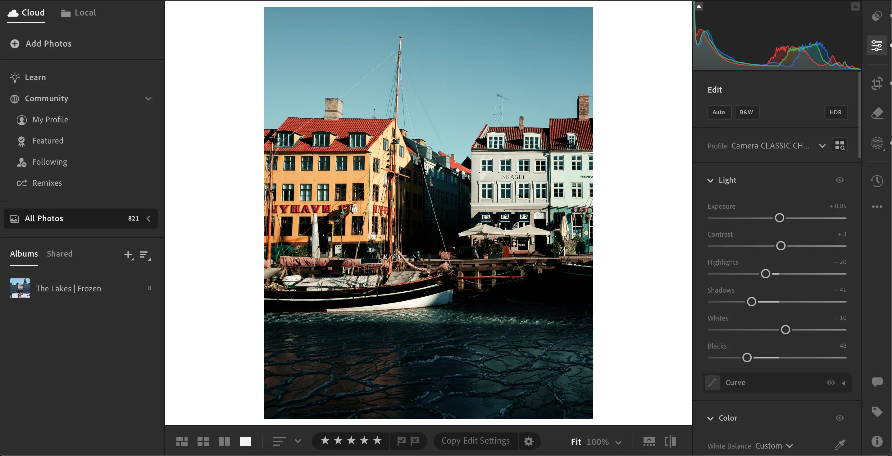Giao diện chỉnh sửa ảnh trên ứng dụng Lightroom CC bản desktop