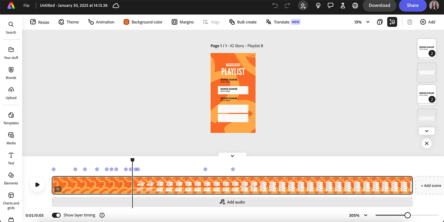 Giao diện chỉnh sửa video của Adobe Express với timeline, minh họa tính năng tích hợp video.