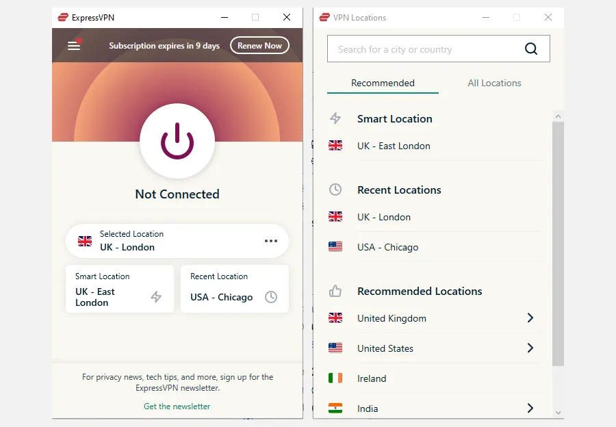 Giao diện chính và danh sách máy chủ của ExpressVPN, minh họa việc sử dụng VPN để bảo vệ dữ liệu