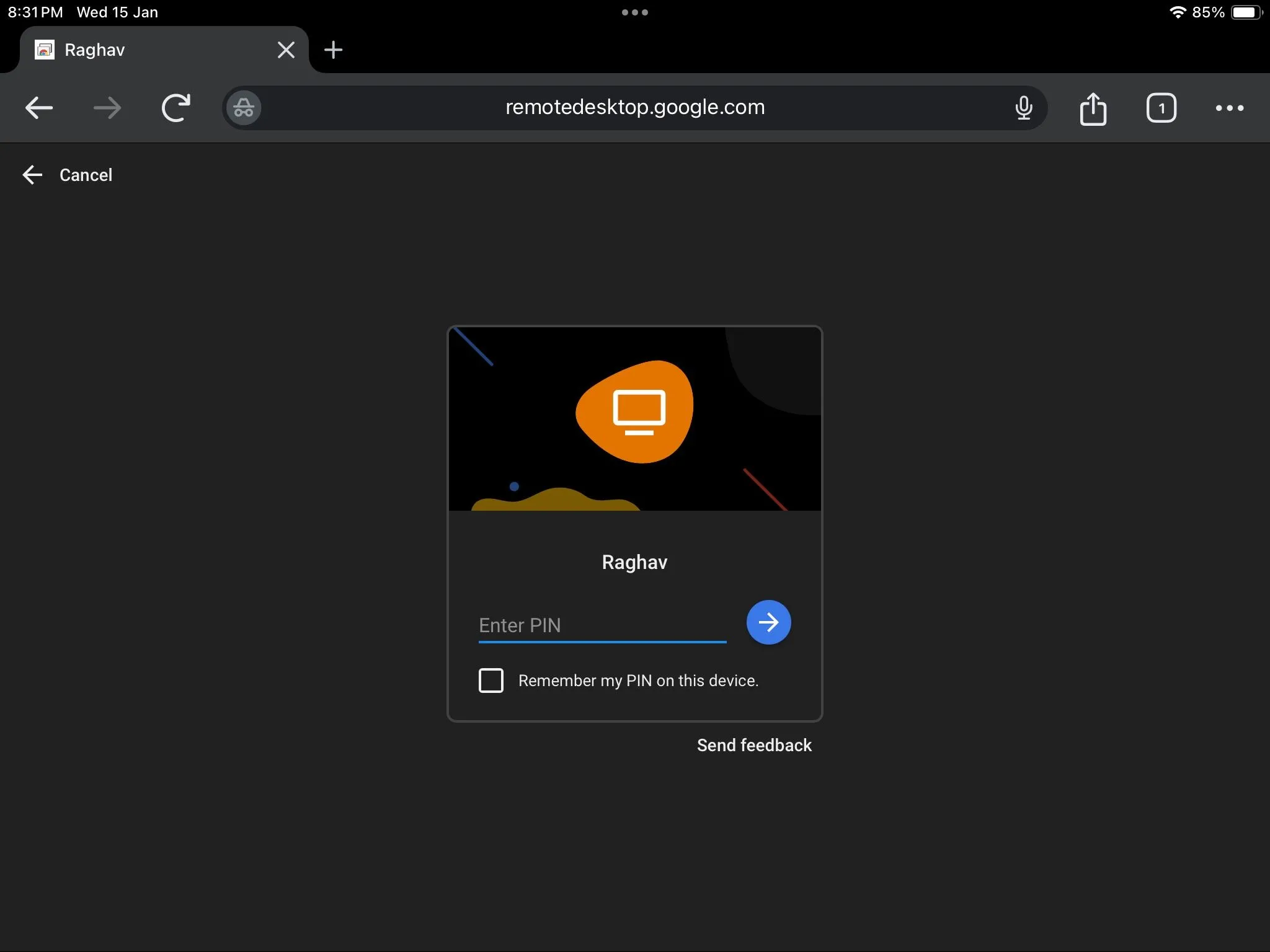 Giao diện Chrome Remote Desktop trên iPad yêu cầu nhập mã PIN để kết nối với máy tính