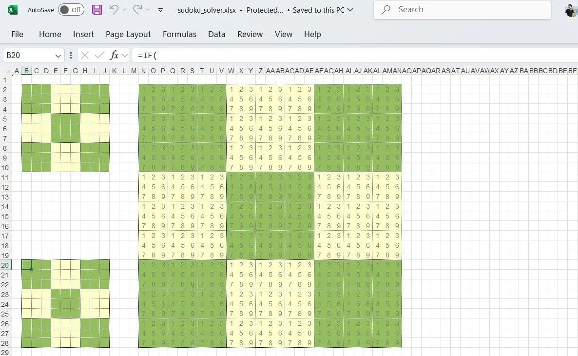 Giao diện công cụ giải Sudoku tự động được xây dựng bằng công thức và định dạng có điều kiện trong Excel