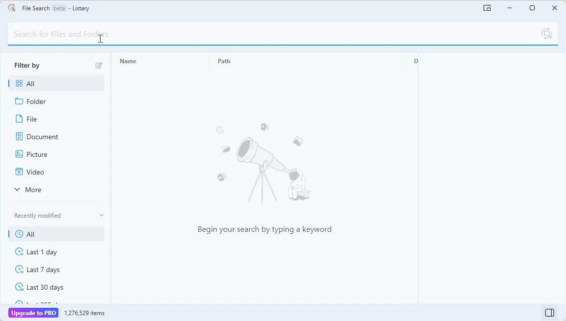 Giao diện cửa sổ tìm kiếm Listary File Search Window với bộ lọc thông minh giúp dễ dàng phân loại tài liệu.