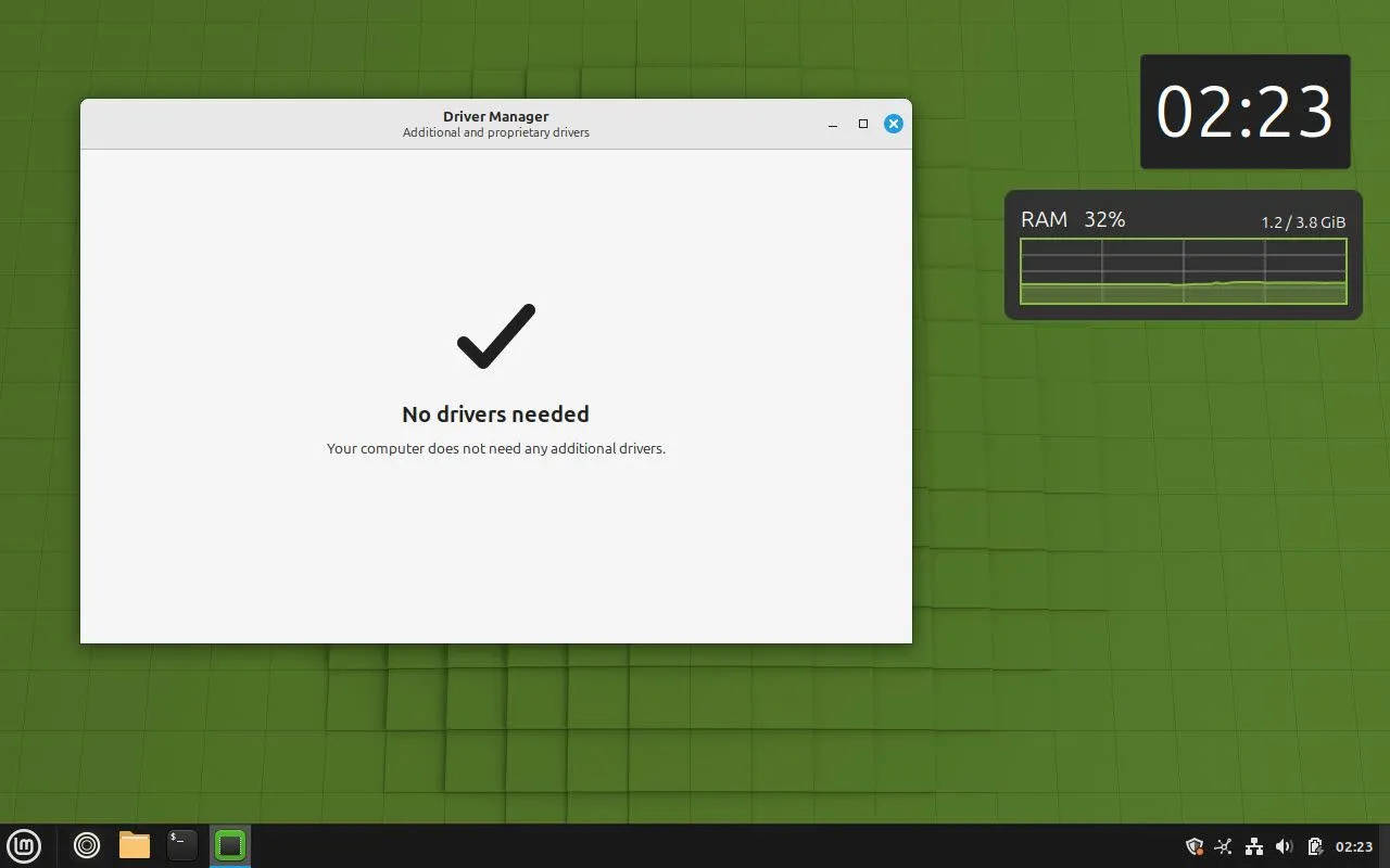 Giao diện Driver Manager trên Linux Mint, hỗ trợ tự động tìm kiếm và cài đặt driver phần cứng