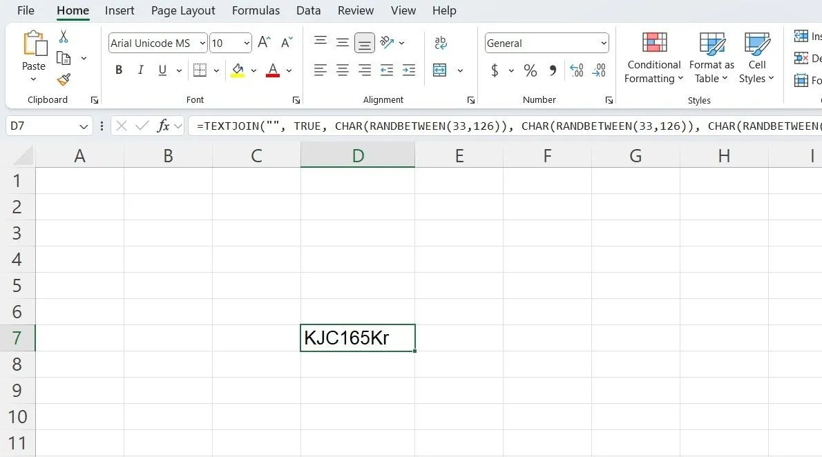 Giao diện Excel hiển thị một mật khẩu ngẫu nhiên phức tạp được tạo ra bằng công thức kết hợp hàm RANDBETWEEN và CHAR