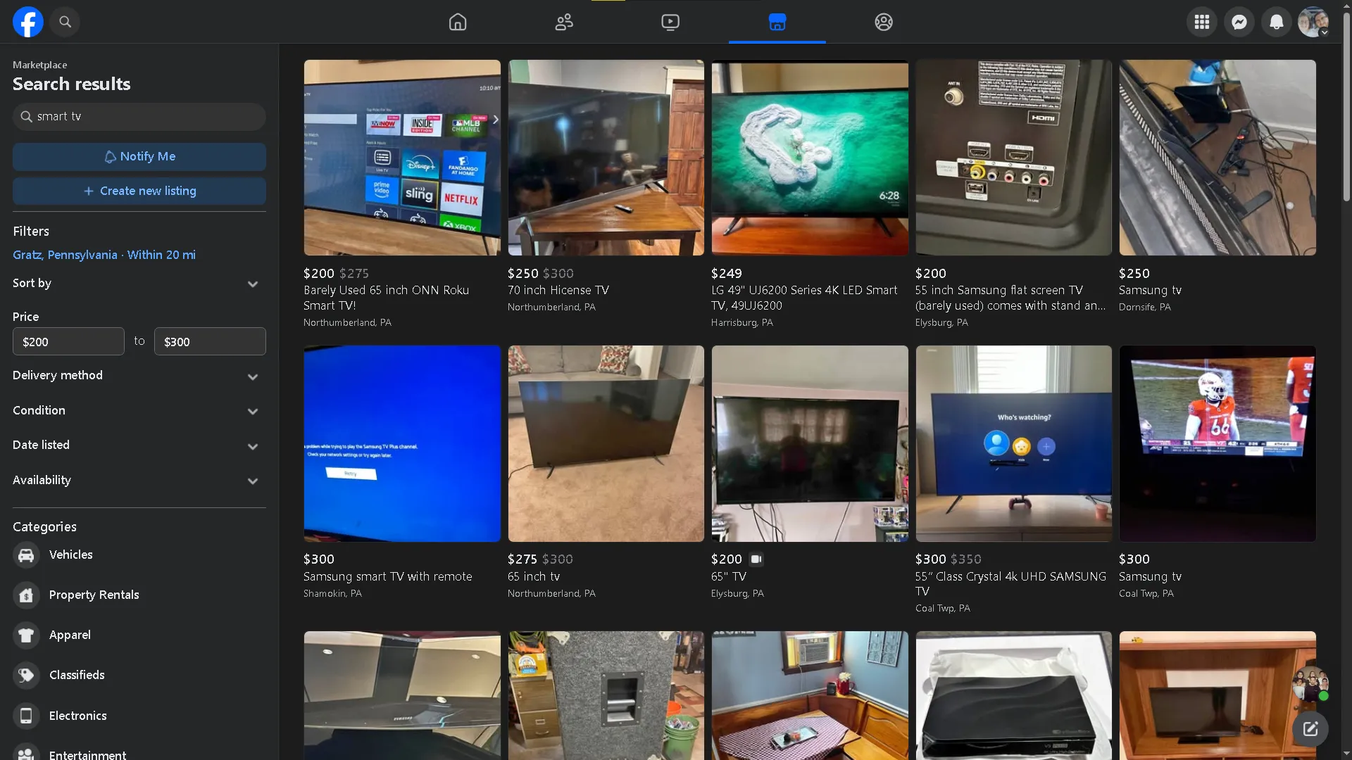Giao diện Facebook Marketplace hiển thị kết quả tìm kiếm 'smart TVs for sale', gợi ý cách tìm mua TV thông minh cũ giá rẻ.