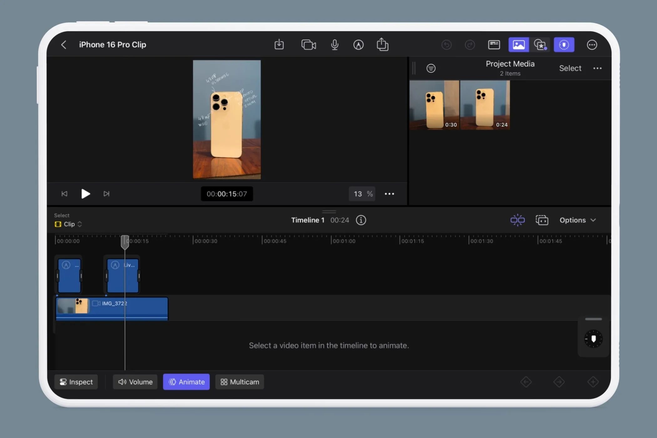 Giao diện Final Cut Pro iPad hiển thị dòng thời gian với biểu tượng Live Drawing