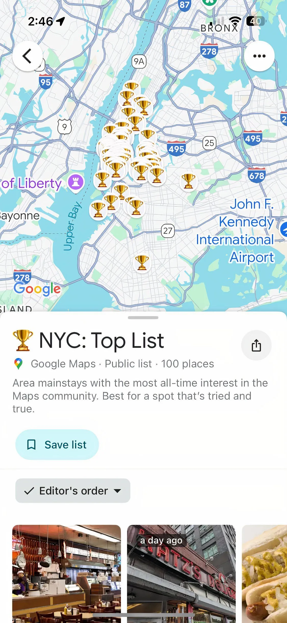 Giao diện Google Maps hiển thị danh sách các địa điểm nổi bật tại thành phố New York, Mỹ