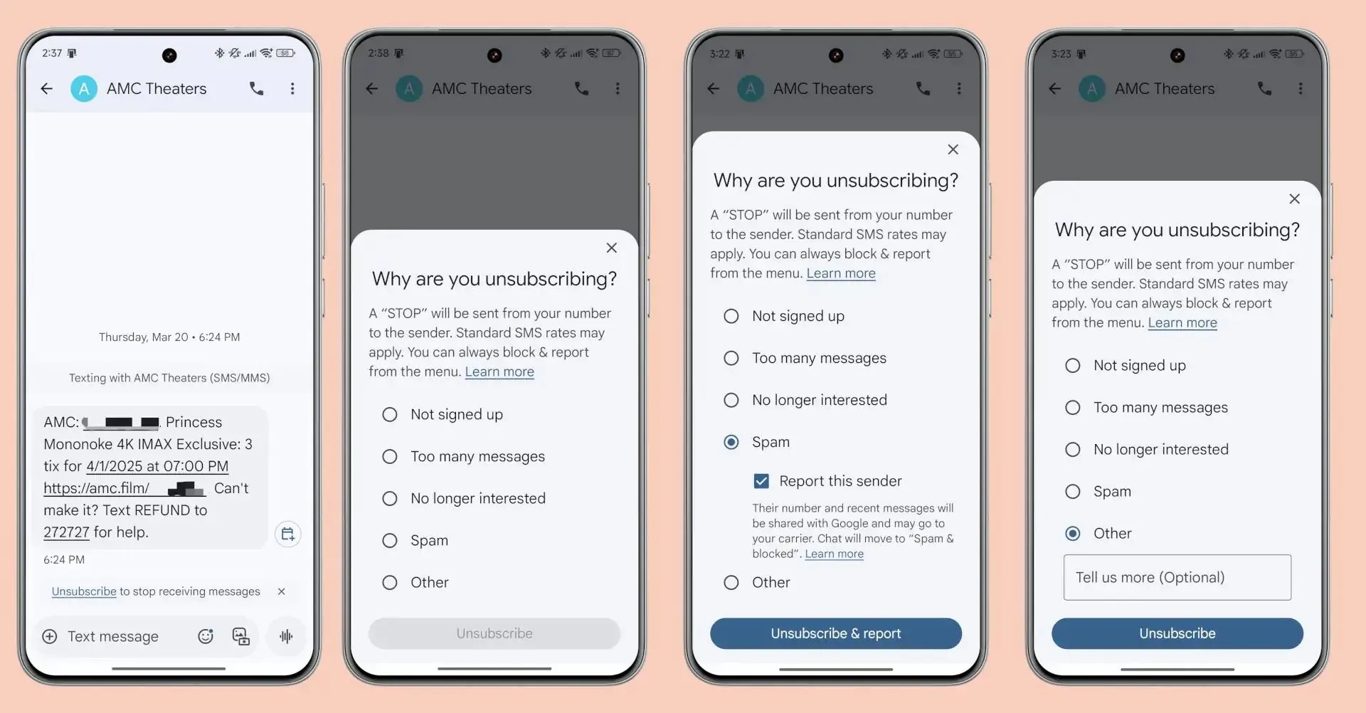 Giao diện hủy đăng ký tin nhắn tự động trong Google Messages với các tùy chọn lý do