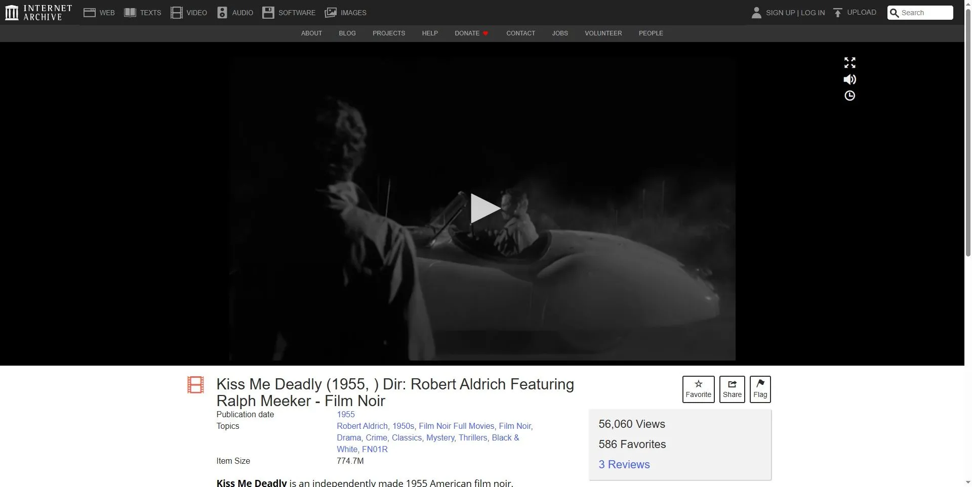 Giao diện Internet Archive trình chiếu phim cổ điển Kiss Me Deadly năm 1955.