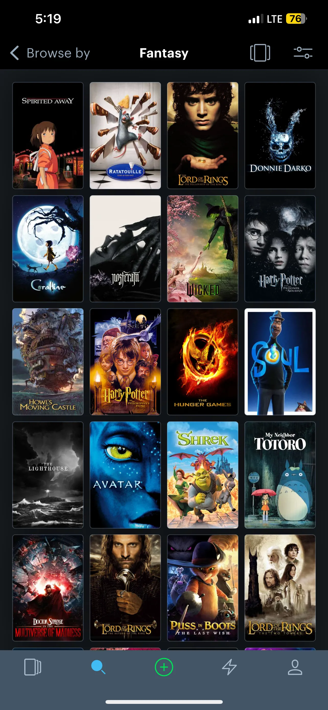 Giao diện Letterboxd hiển thị danh sách phim giả tưởng, bao gồm Avatar và Spirited Away