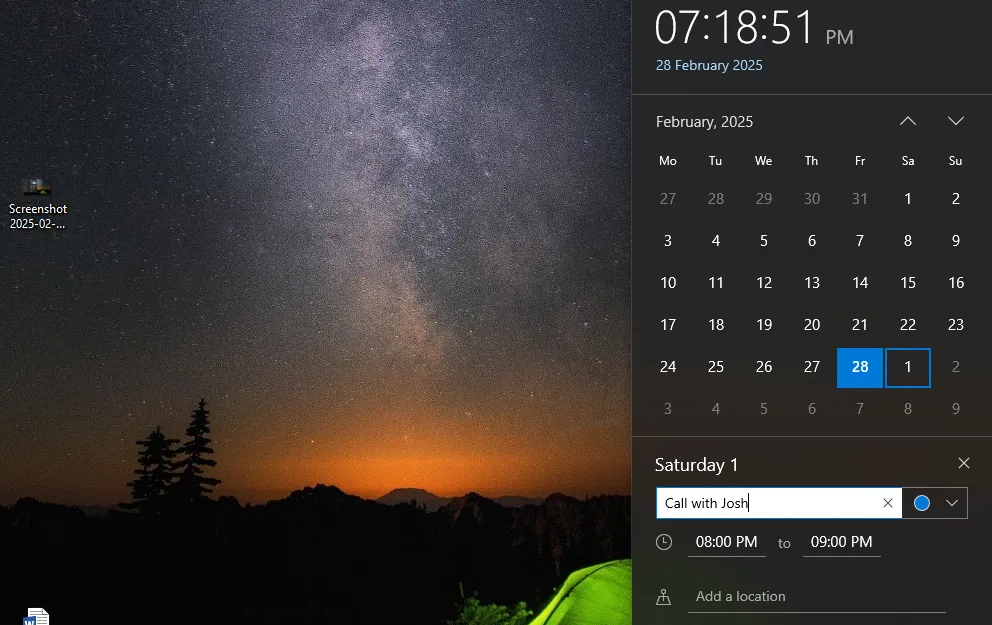Giao diện lịch tích hợp trên thanh tác vụ Windows 10, hiển thị tùy chọn thêm sự kiện mới một cách nhanh chóng.