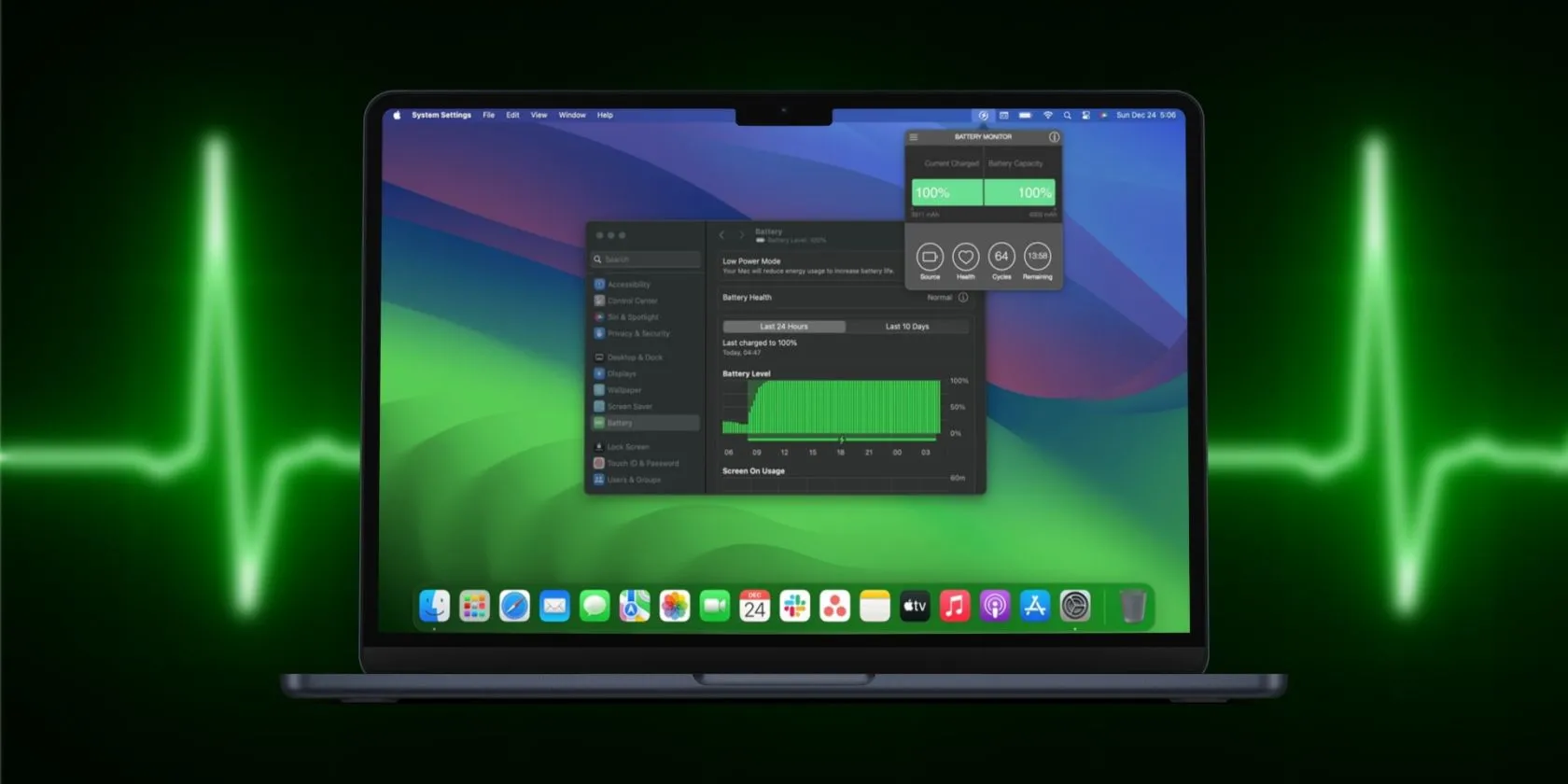 Giao diện MacBook hiển thị trạng thái pin trong Cài đặt hệ thống, minh họa hiệu suất năng lượng của laptop