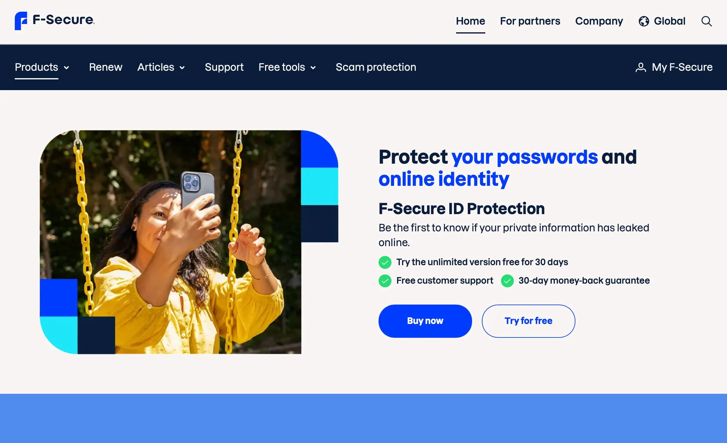 Giao diện màn hình chính của dịch vụ F-Secure ID Protection, hiển thị các tính năng bảo vệ danh tính trực tuyến.