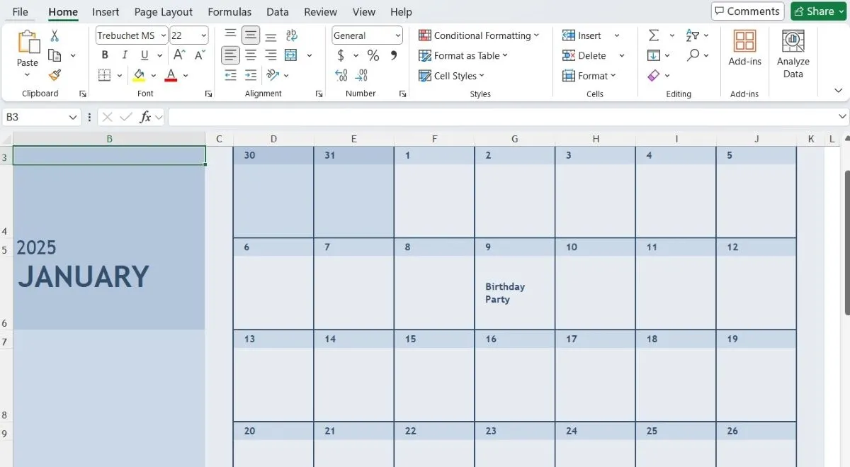 Giao diện mẫu lịch cá nhân tháng 1 trong Microsoft Excel, có thể tùy chỉnh màu sắc và phông chữ