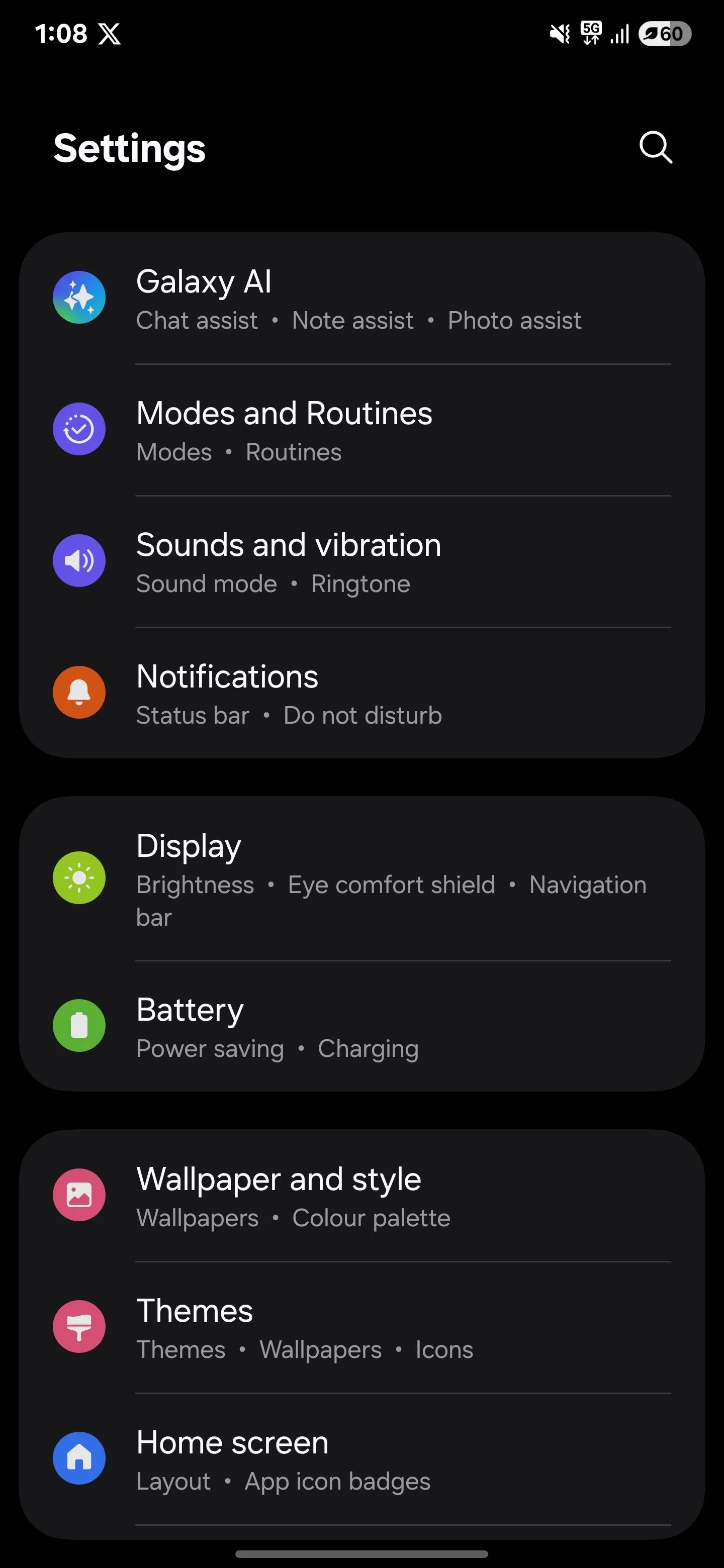 Giao diện menu cài đặt trên Samsung Galaxy S25 Ultra, hiển thị các tùy chọn quản lý và tối ưu hóa điện thoại.