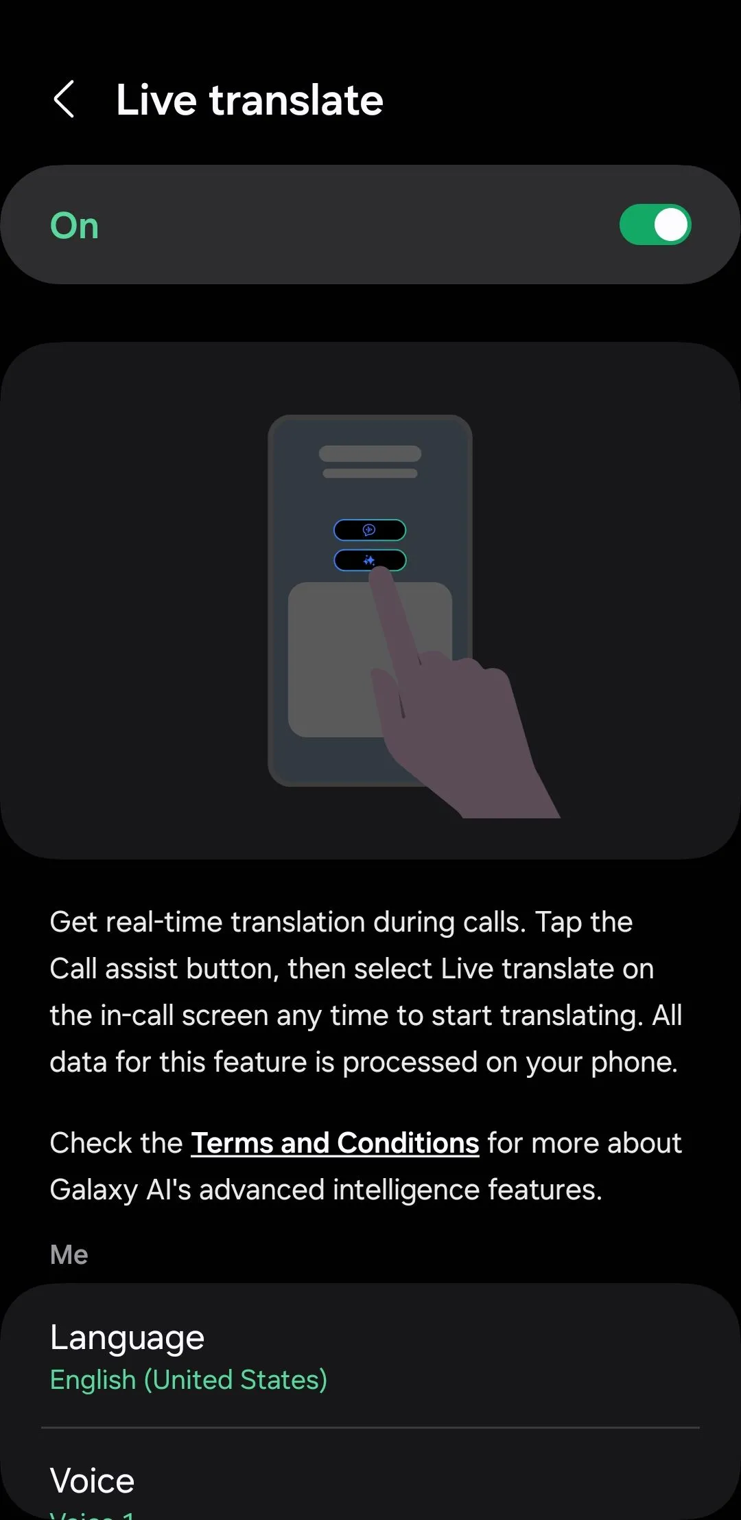 Giao diện menu dịch thuật trực tiếp (Live Translate) trong ứng dụng Điện thoại Samsung.