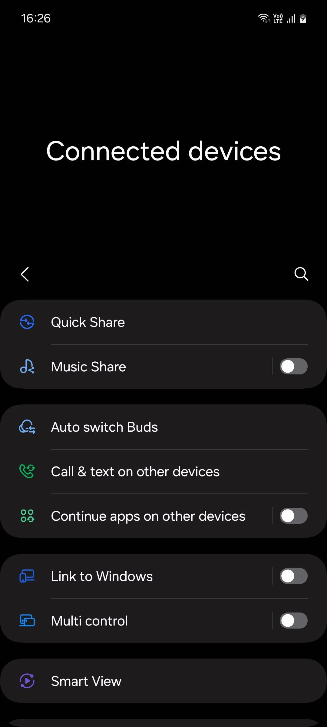 Giao diện menu &quot;Thiết bị đã kết nối&quot; trên Samsung One UI 6.1, cho phép bật hoặc tắt tính năng &quot;Tiếp tục ứng dụng trên các thiết bị khác&quot; của Continuity Service.