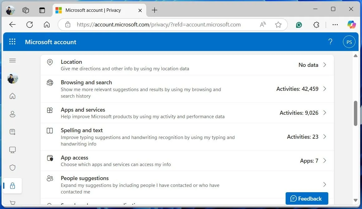 Giao diện Microsoft Privacy Dashboard trong trình duyệt web