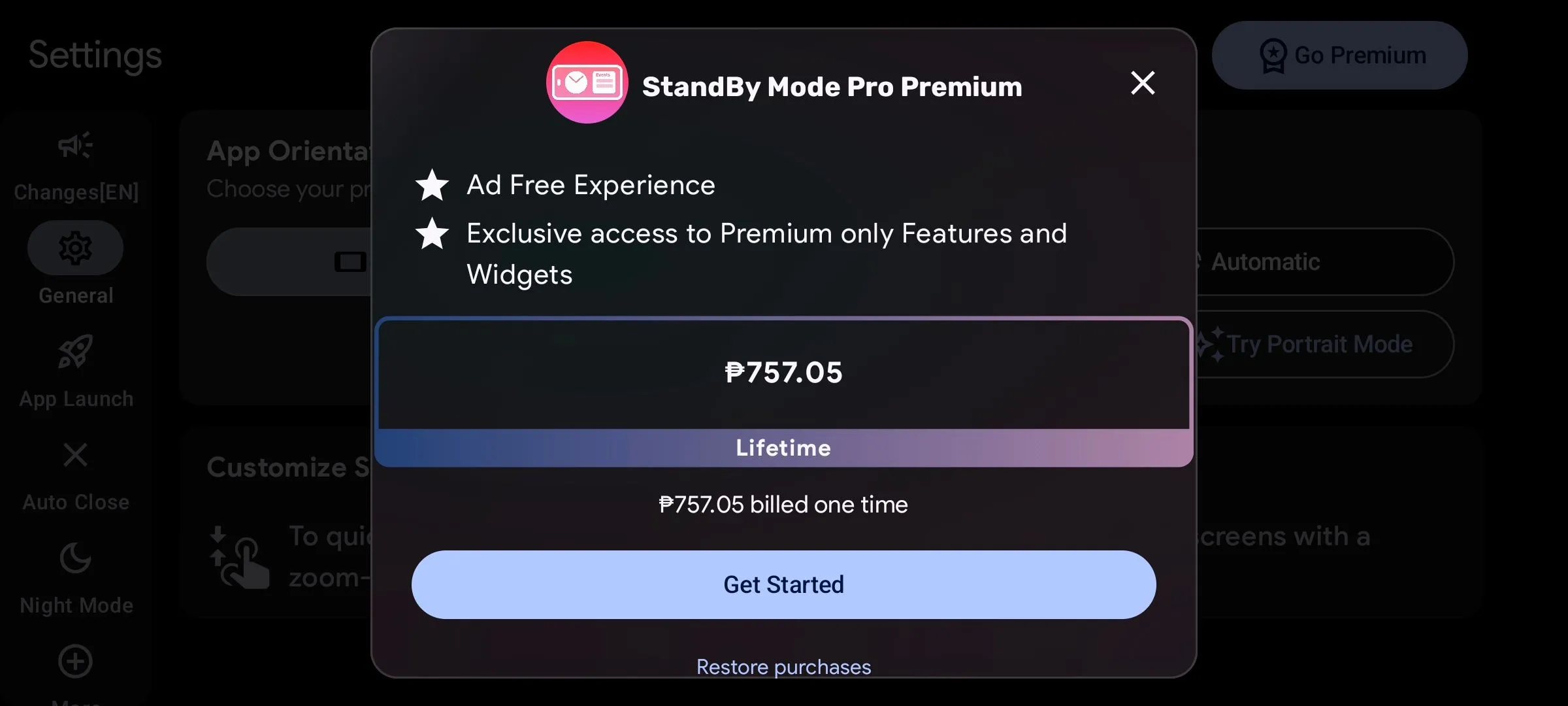Giao diện mua gói Premium trọn đời của ứng dụng StandBy Mode Pro trên Android