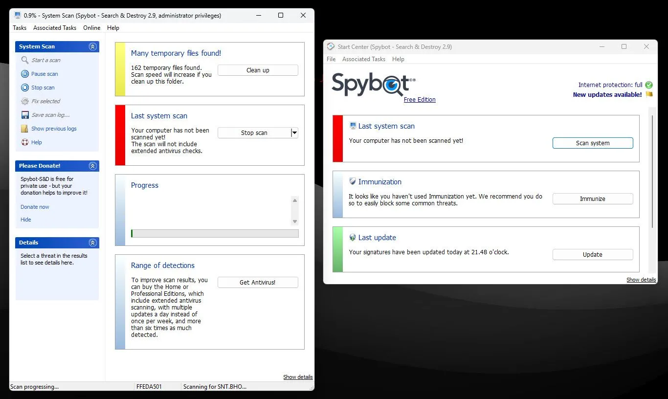 Giao diện phần mềm Spybot – Search &amp; Destroy khi đang quét tìm kiếm spyware và adware trên máy tính Windows.