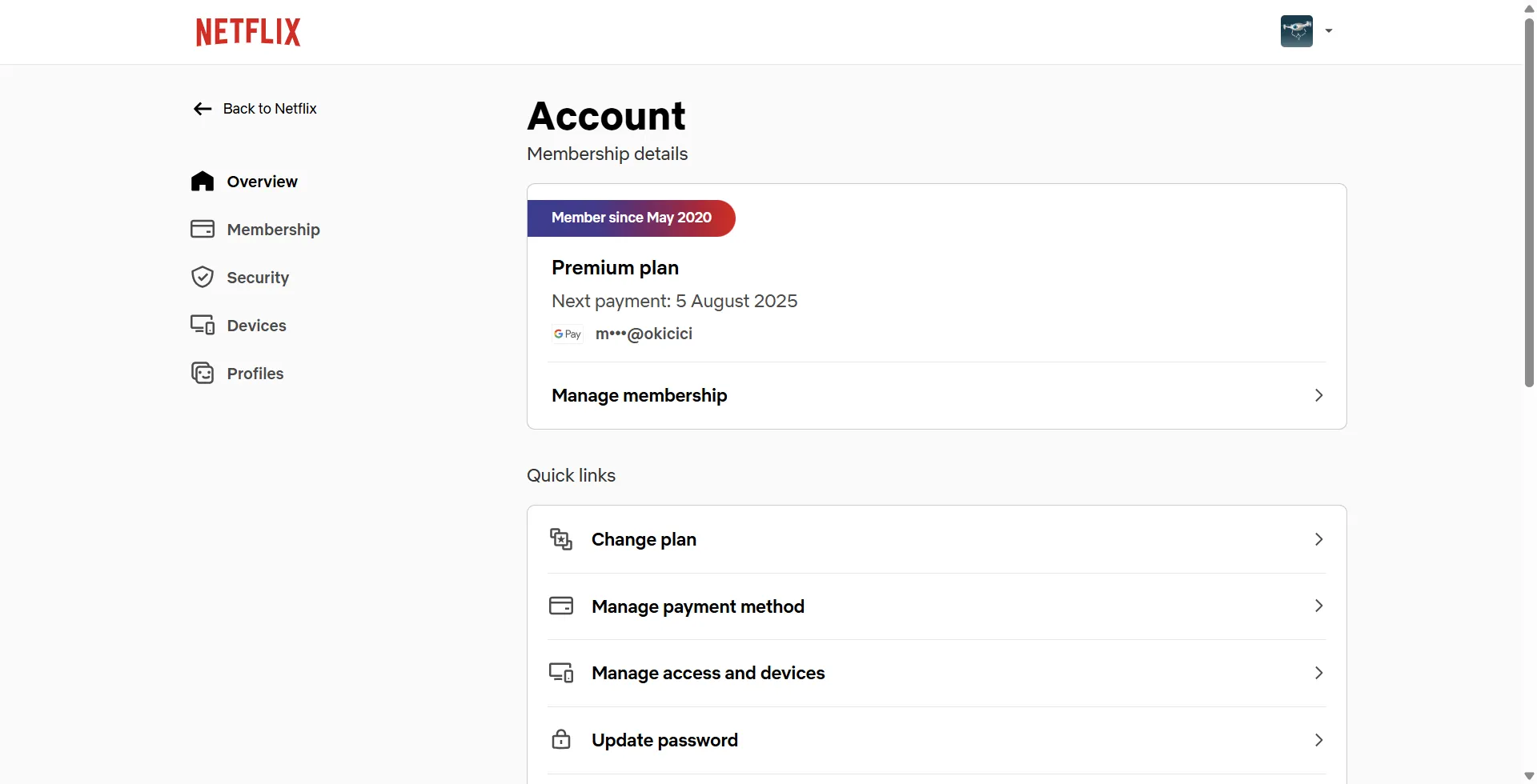 Giao diện quản lý các gói tài khoản Netflix Premium