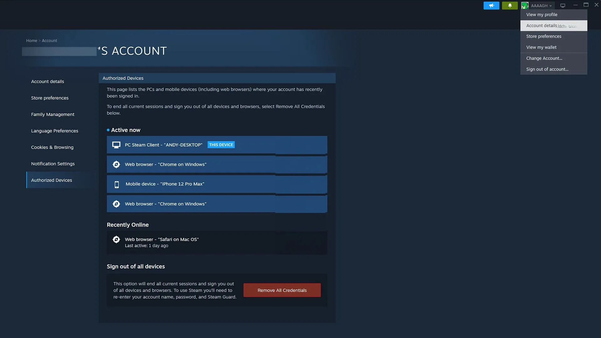 Giao diện quản lý thiết bị được ủy quyền và thay đổi mật khẩu Steam