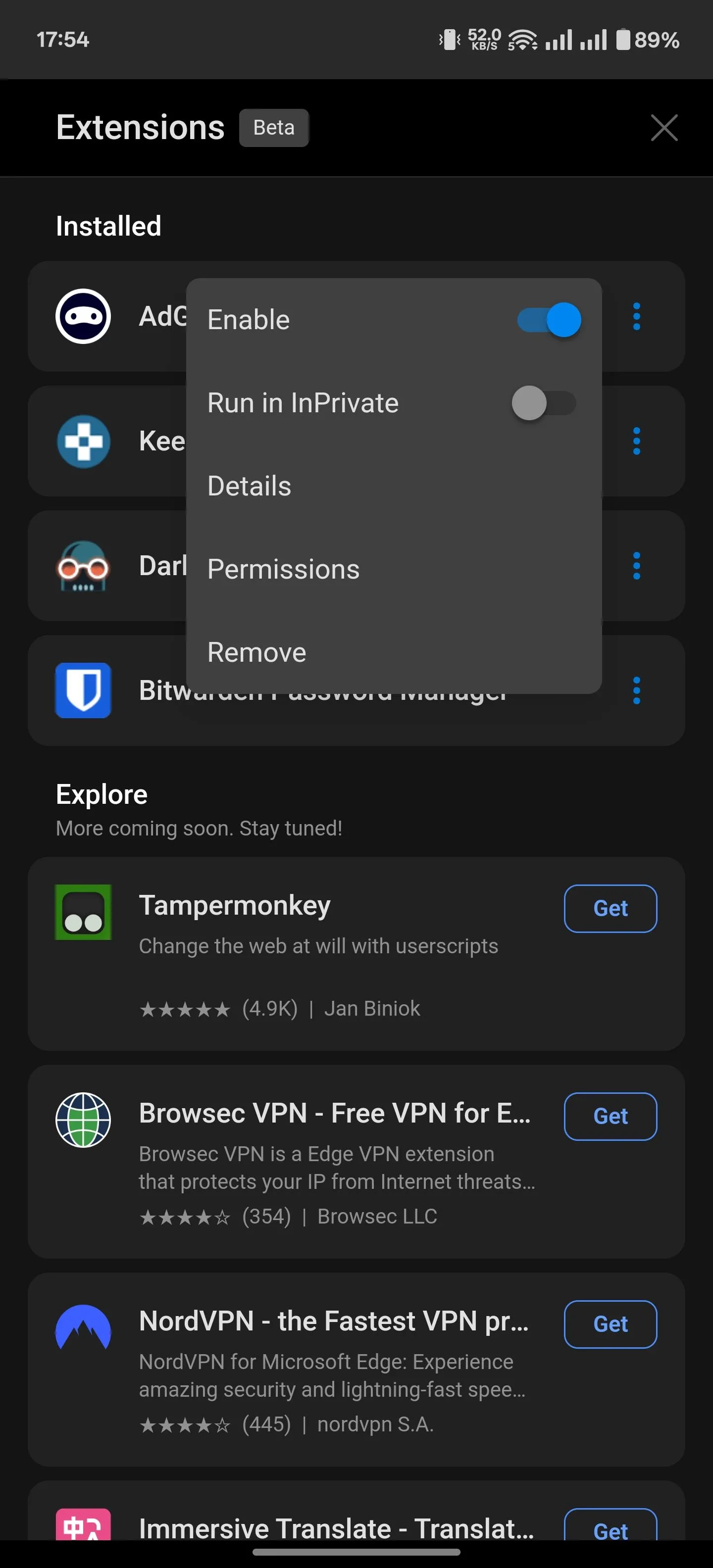Giao diện quản lý tiện ích đã cài đặt trên Edge Android, với các tùy chọn vô hiệu hóa, gỡ bỏ