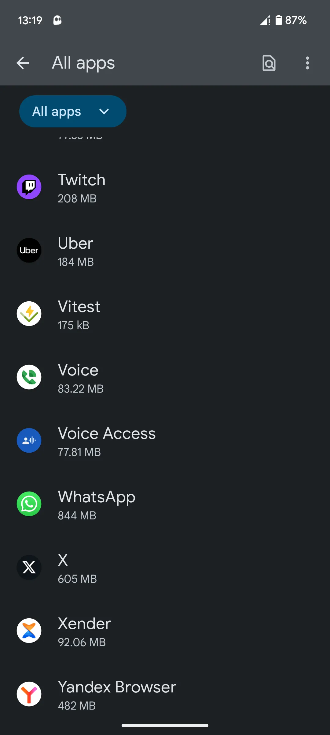 Giao diện quản lý ứng dụng trên Android hiển thị danh sách tất cả các ứng dụng đã cài đặt.