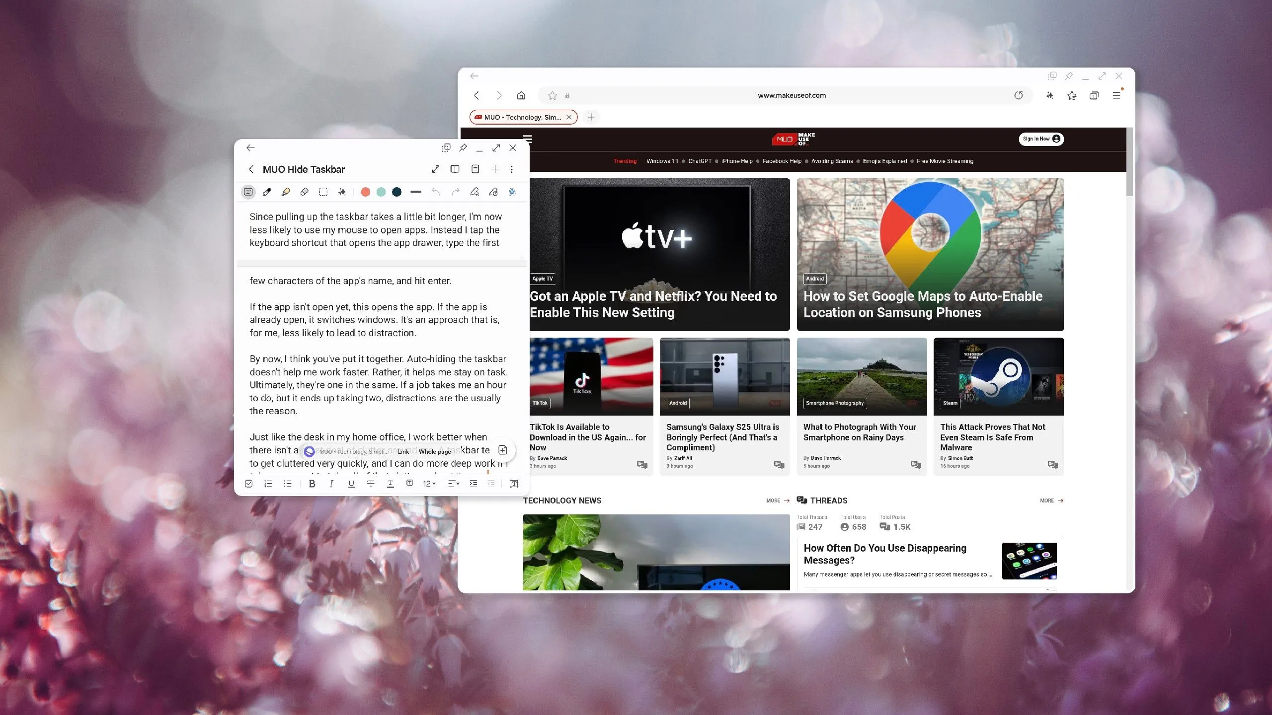 Giao diện Samsung DeX hiển thị ứng dụng Samsung Notes và Samsung Internet trên màn hình ngoài, minh họa khả năng làm việc như máy tính từ điện thoại.