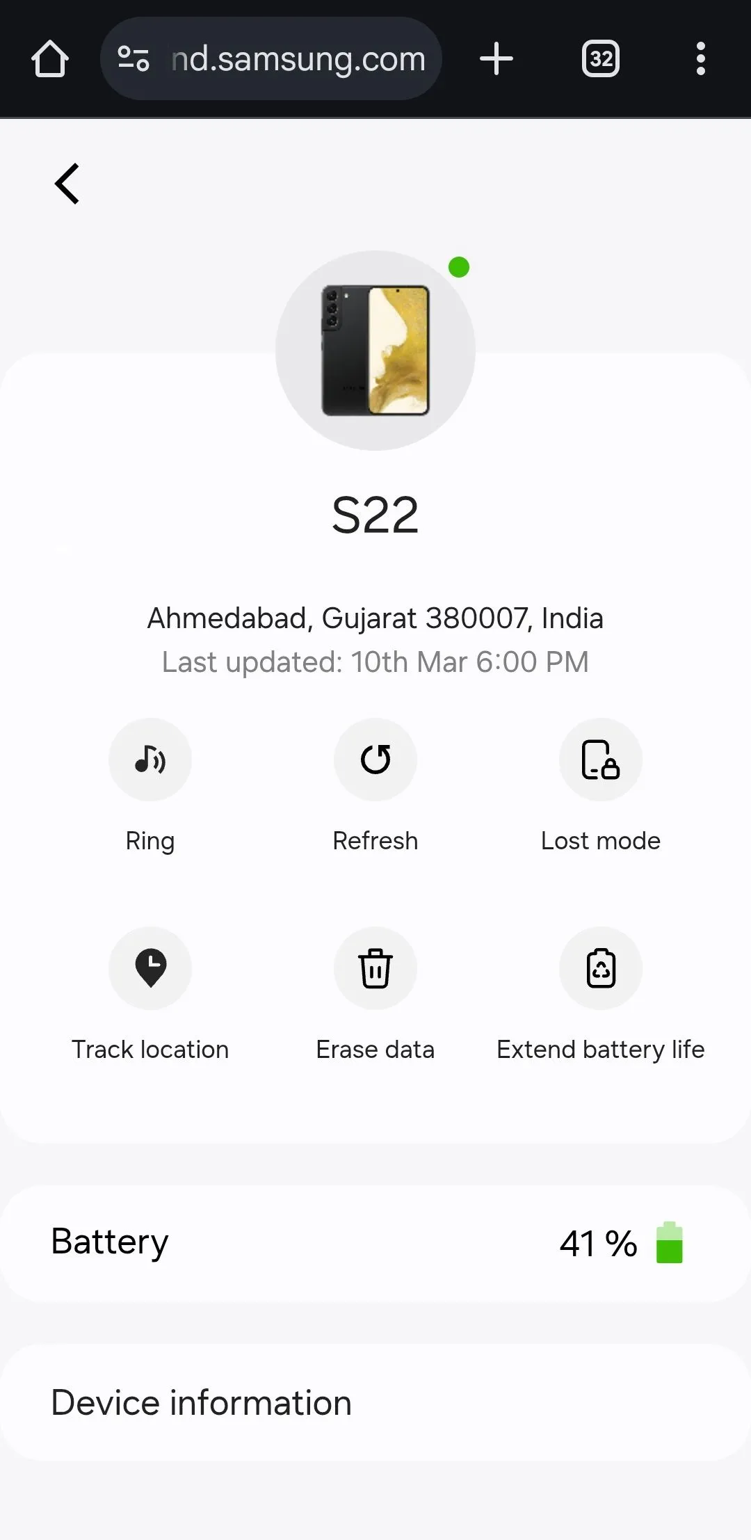 Giao diện Samsung SmartThings Find hiển thị các tùy chọn tìm thiết bị trên trình duyệt Android.