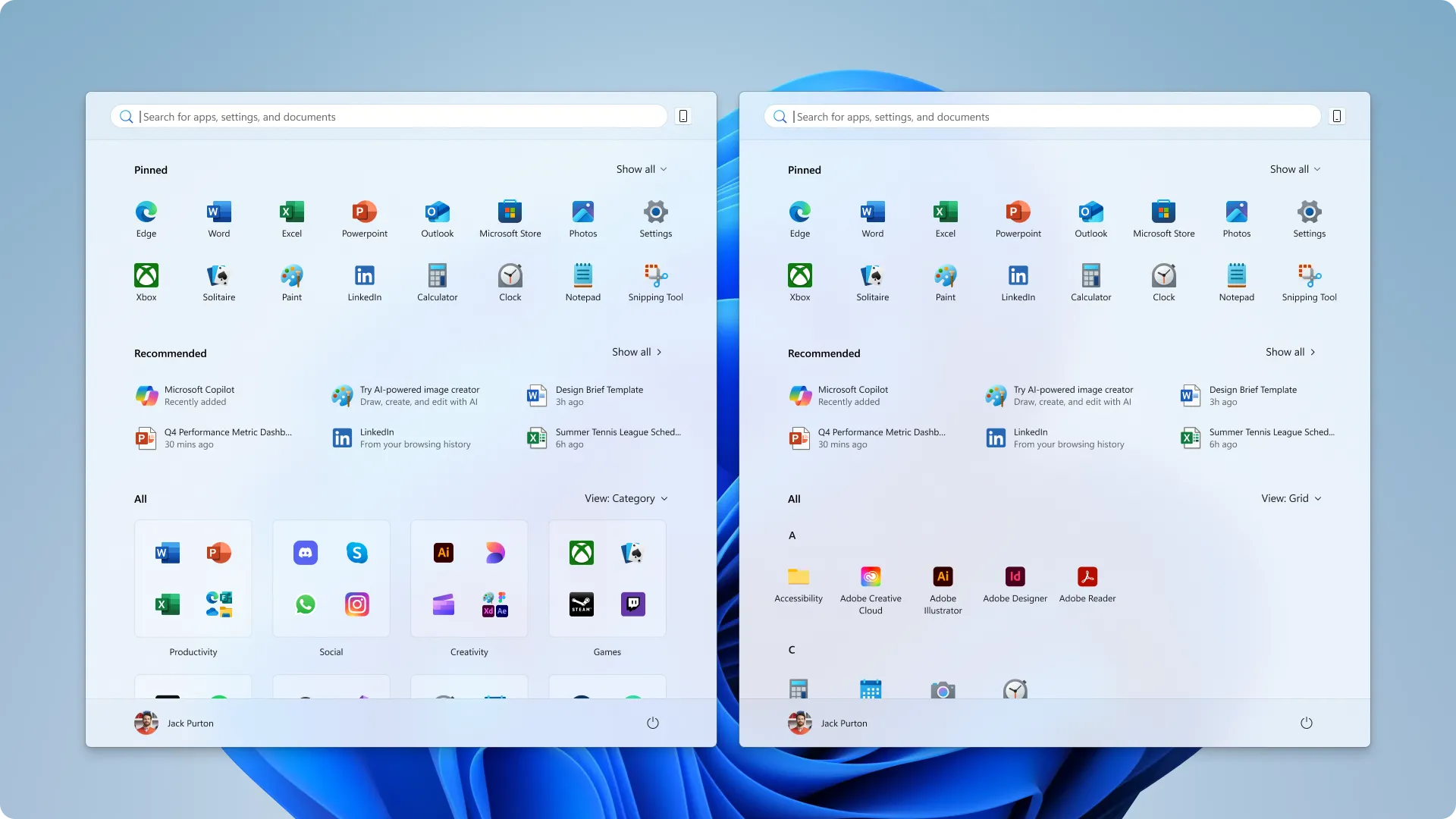 Giao diện Start Menu mới của Windows 11 với tùy chọn bố cục Danh mục (Category) và Lưới (Grid)