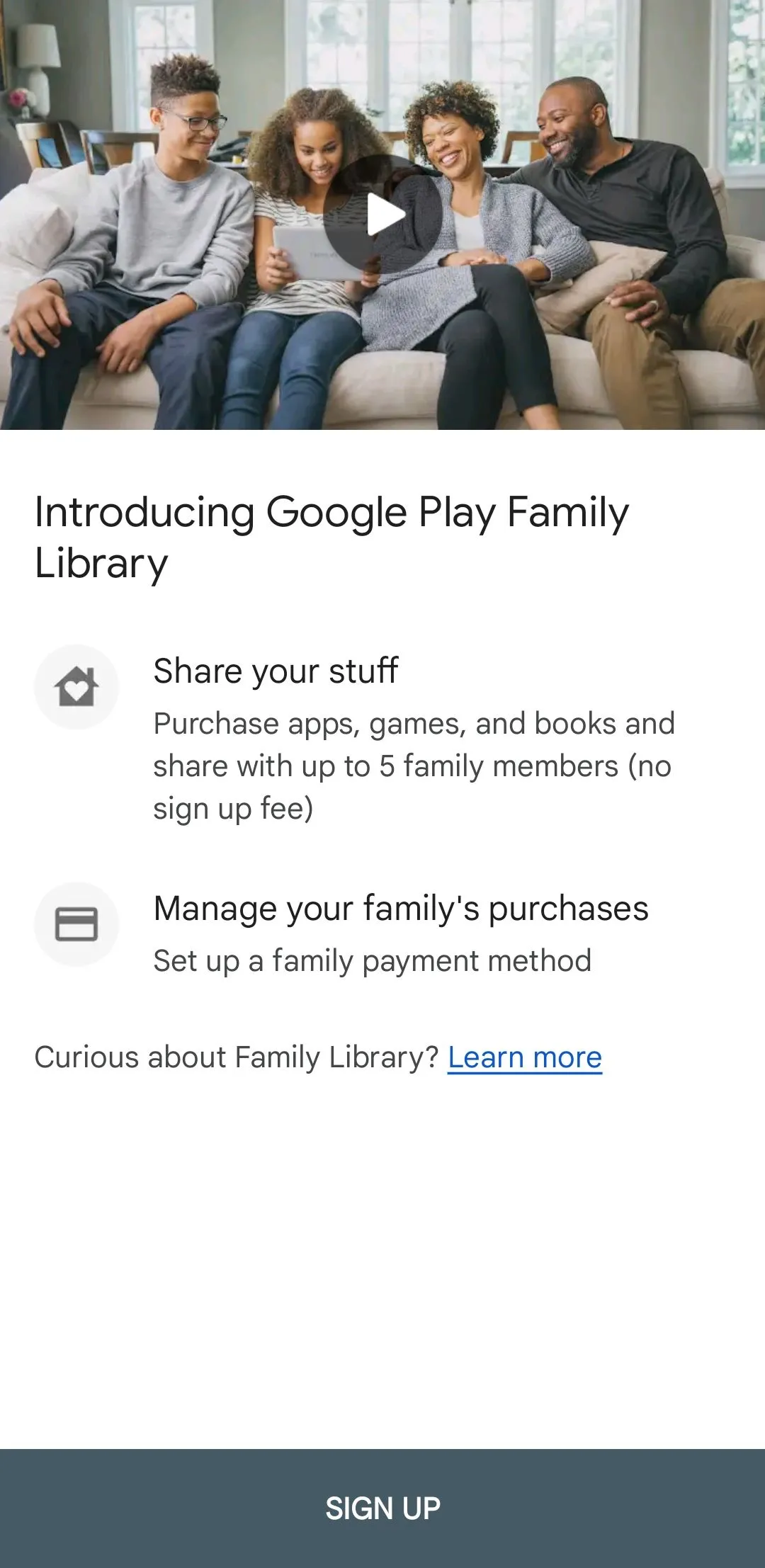 Giao diện thiết lập tính năng Thư viện Gia đình trong Google Play Store