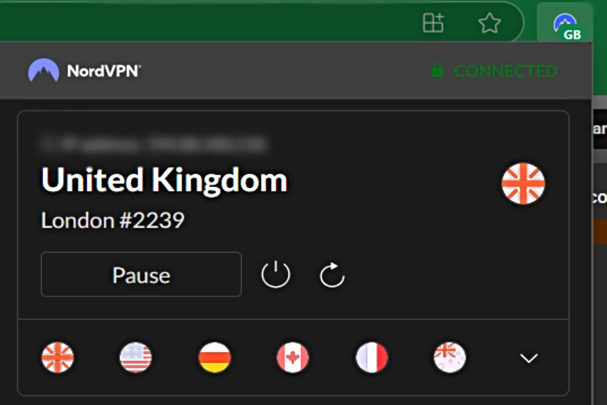 Giao diện tiện ích mở rộng NordVPN trên trình duyệt Edge.
