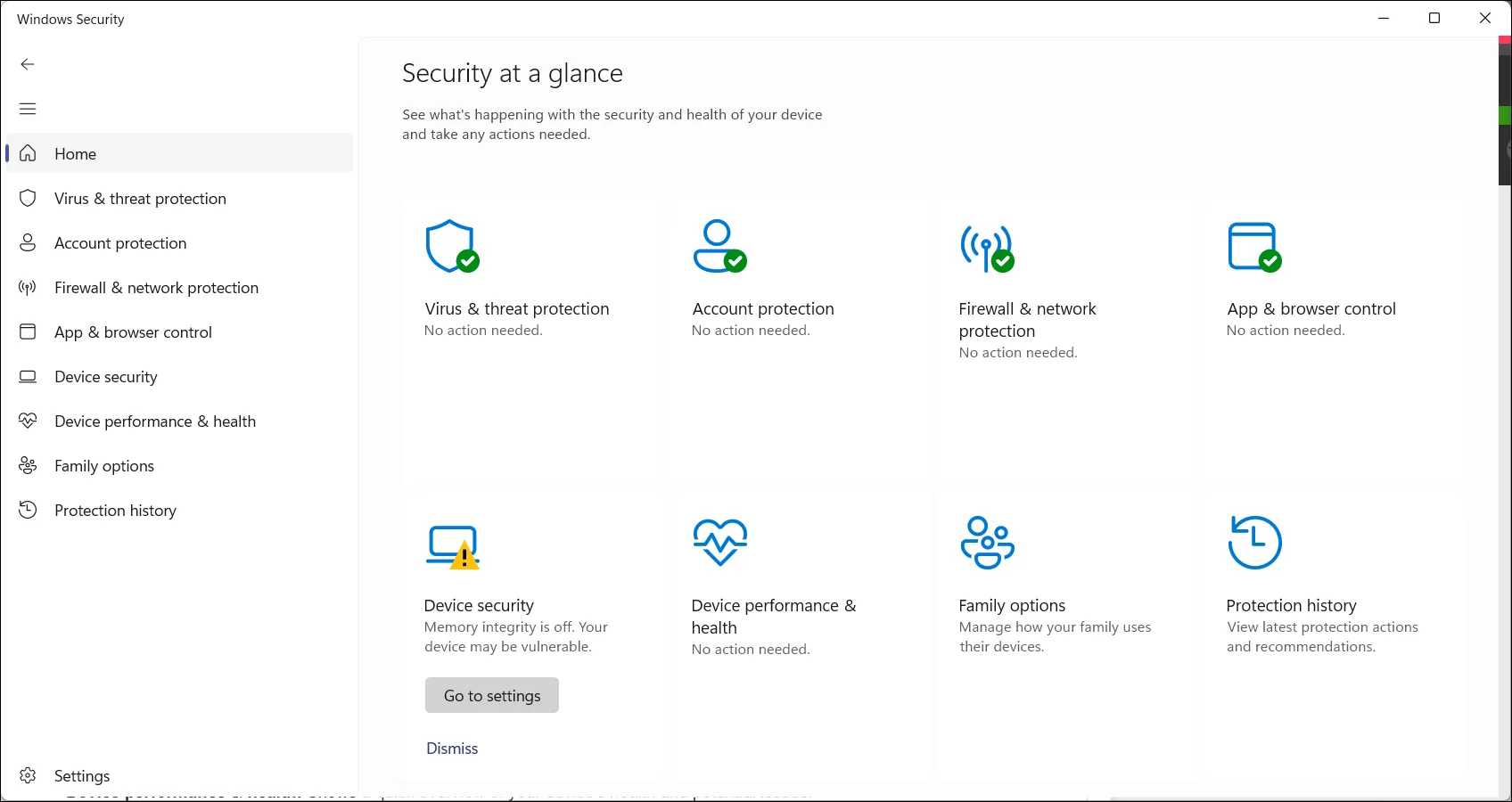 Giao diện tổng quan Windows Security hiển thị trạng thái bảo mật của hệ thống