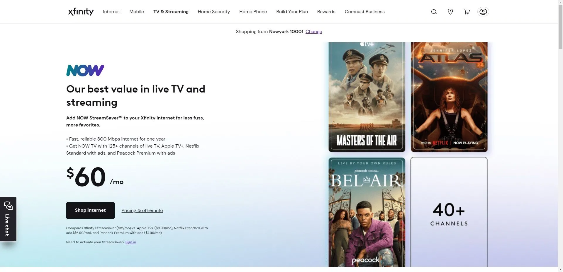 Giao diện trang bán hàng Now TV của Xfinity, thể hiện các gói dịch vụ và kênh truyền hình trực tuyến.