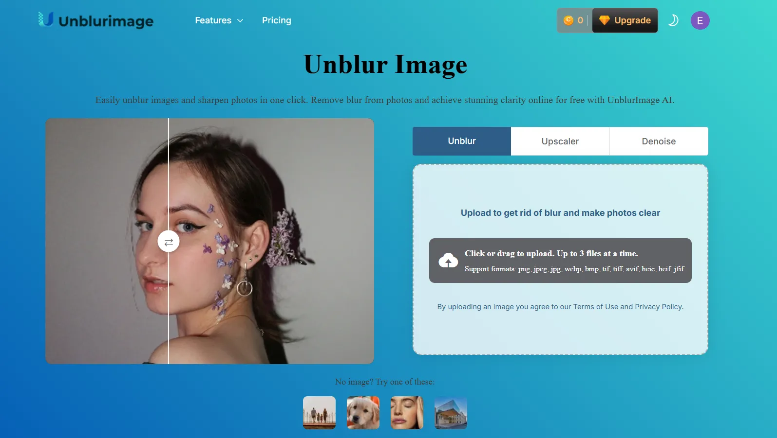 Giao diện trang chủ UnblurImage AI với tùy chọn tải ảnh lên để làm rõ nét