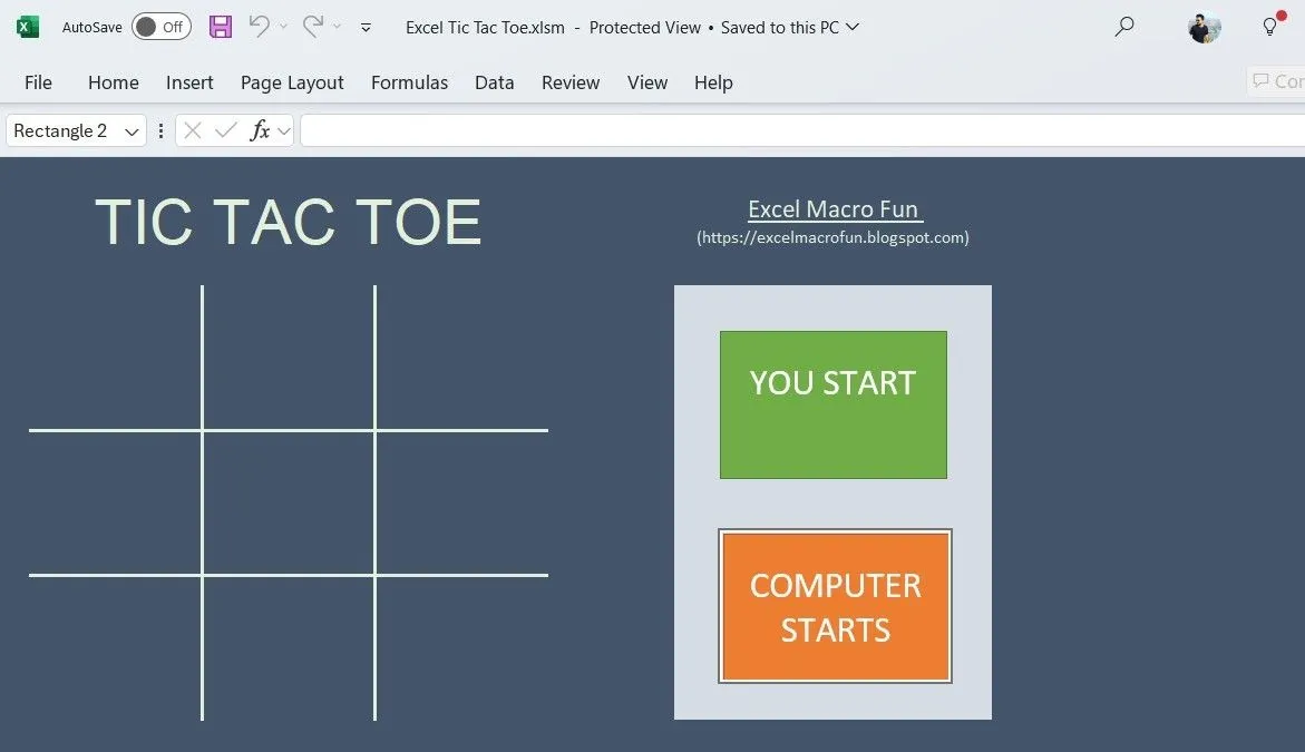 Giao diện trò chơi cờ caro (Tic-Tac-Toe) được tạo trong Microsoft Excel