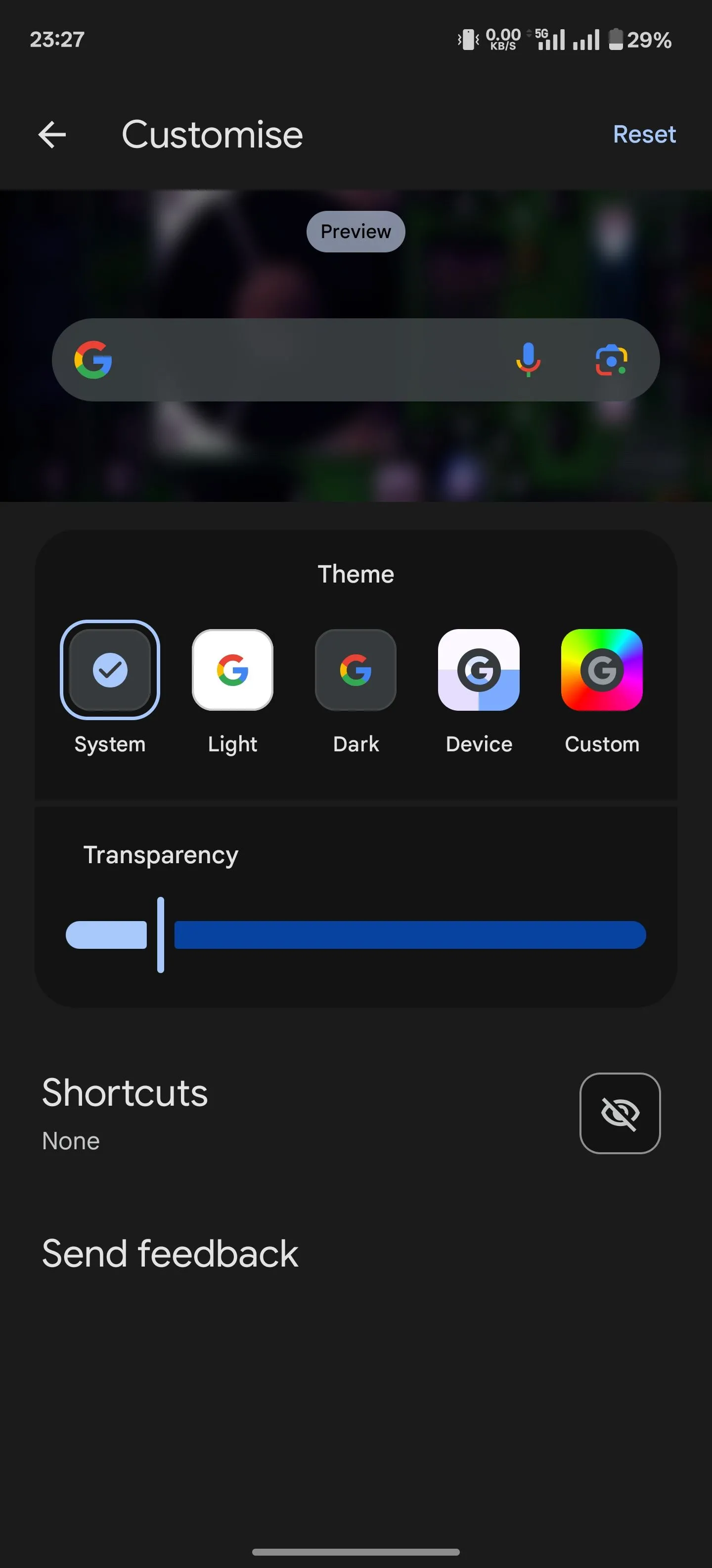 Giao diện tùy chỉnh lối tắt cho tiện ích Google Tìm kiếm trên điện thoại Android