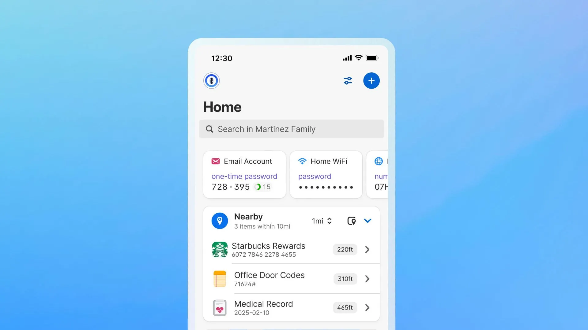 Giao diện ứng dụng 1Password minh họa các mục dựa trên vị trí