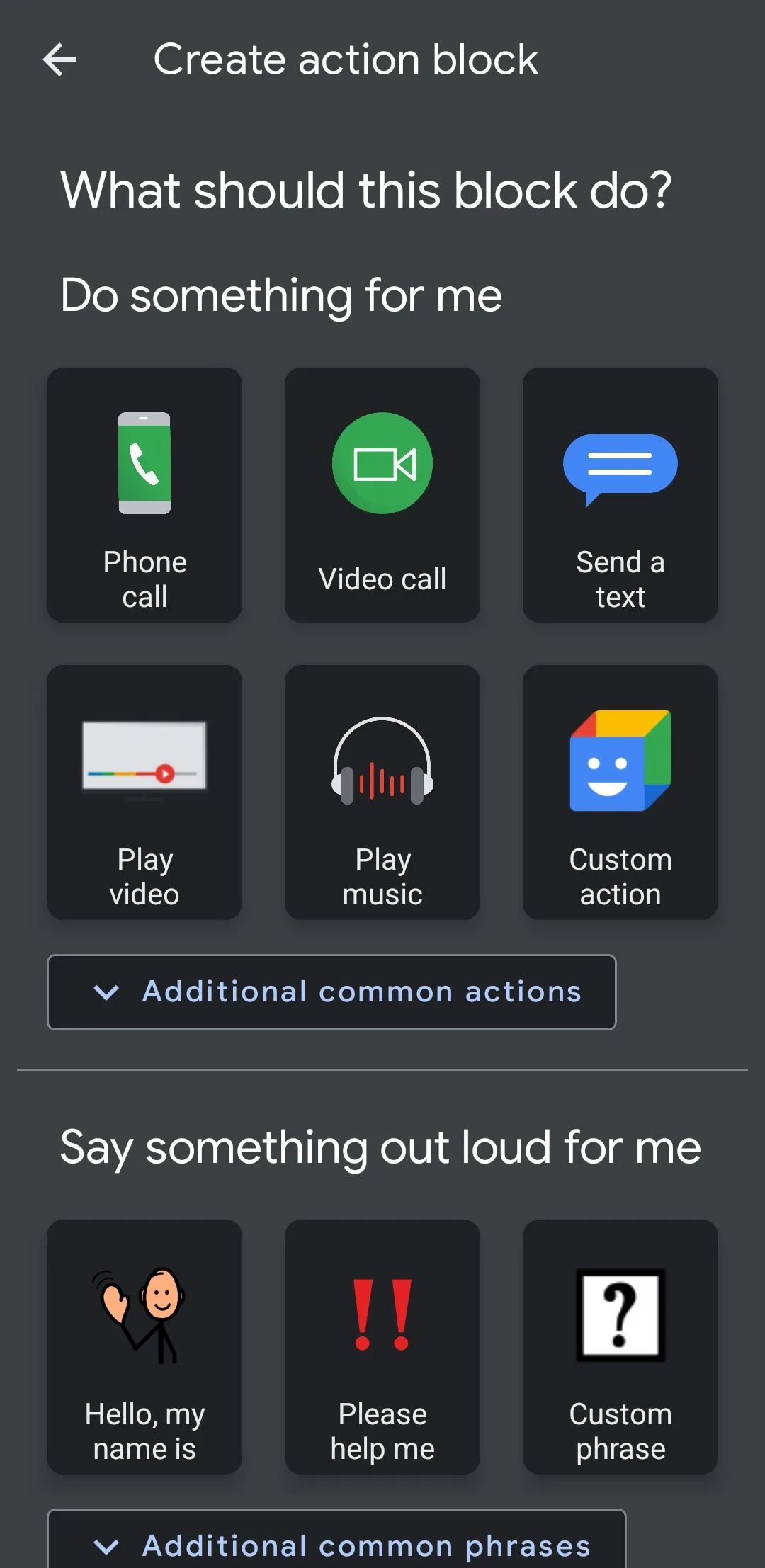 Giao diện ứng dụng Action Blocks của Google trên điện thoại Android, hiển thị các khối tác vụ tùy chỉnh.